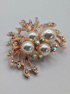 Floral Brooch with Shimmering Rhinestones - Rose Gold Tone - NWOT